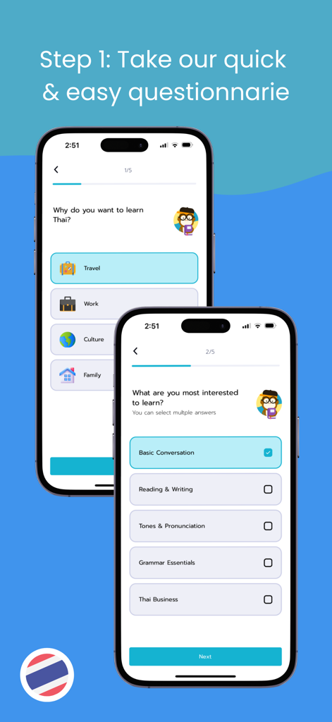 Ling Live 앱 온보딩 화면, 여행 및 대화 학습 옵션이 있는 태국어 학습을 위한 빠른 설문지 표시