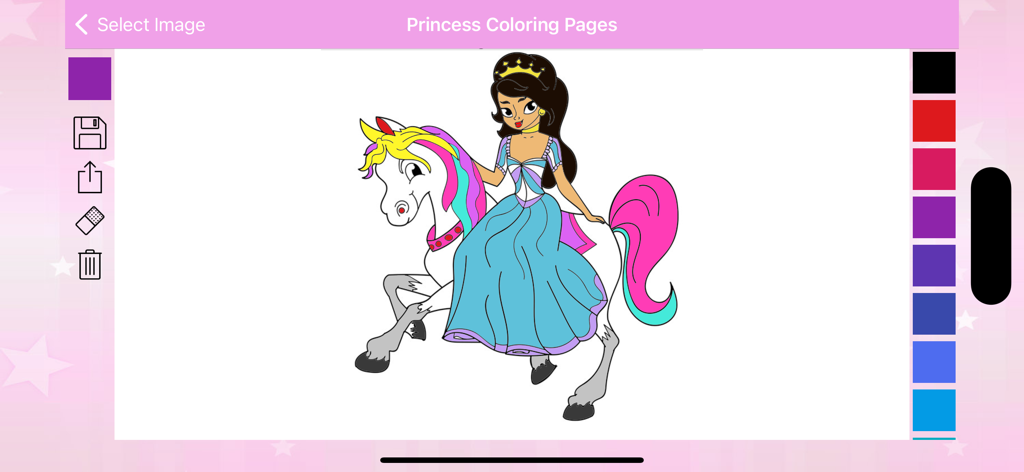Princess Coloring Pages & Book - Una página para colorear de una princesa en un caballo dentro de la interfaz de la aplicación