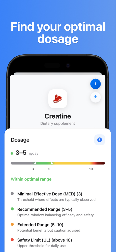 Interface of Supplements AI app showing optimal dosage ranges for Creatine including recommended range and safety limits.