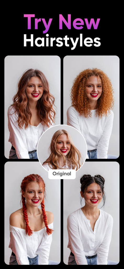 AI Photo Generator: Remake AI - AI-generated image showing a woman trying on different hairstyles and hair colors with the Remake AI app.