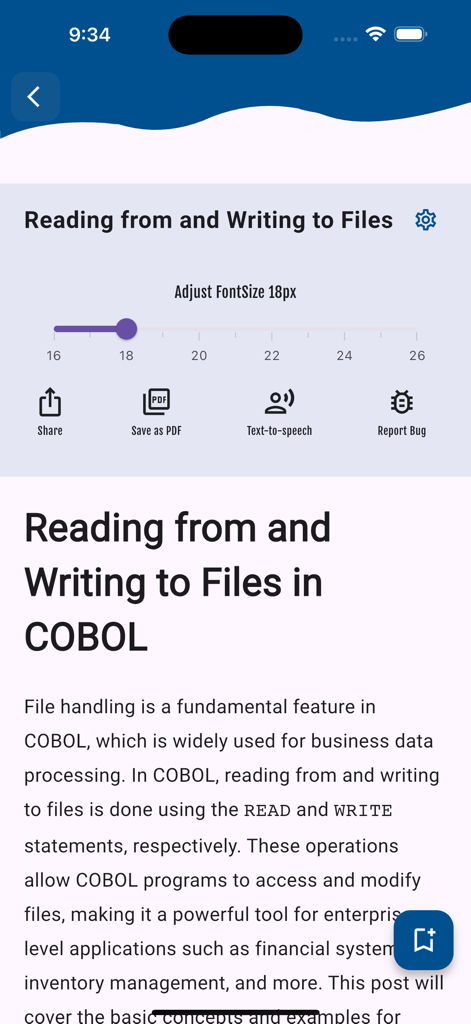 Learn COBOL Programming - Schermata mobile che mostra una lezione di programmazione COBOL sulla gestione dei file con opzioni text to speech e PDF export