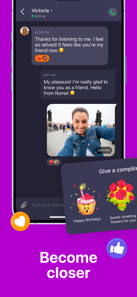 Wakie App-Oberfläche, die eine freundliche Chatsitzung mit Fotoaustausch und virtuellen Geschenken zeigt