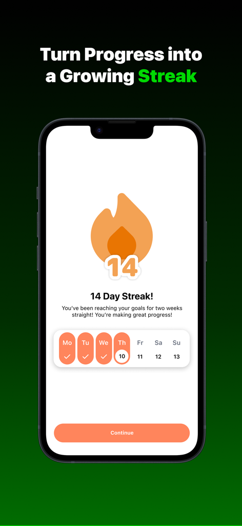 Tenacity AI: Lifestyle Tracker - Tenacity AI app interface showing a 14 day progress streak with a flame icon and calendar