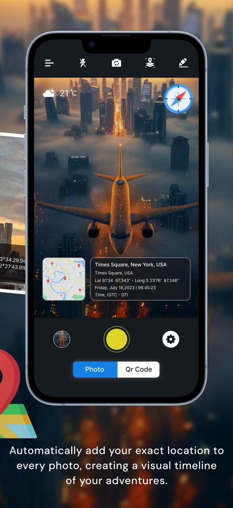 Smartphone montrant une photo géolocalisée avec une superposition de coordonnées cartographiques et d'adresse dans l'application GPS Photo.