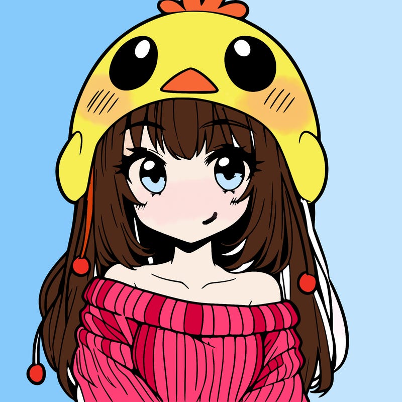 anime girl with chick shaped hat with sweater with bare shoulders with bangs covering them one eye with low tail