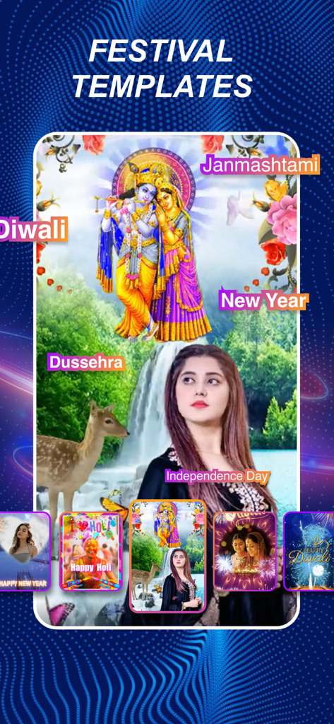 mAst - Short Video Maker App - Interface of mAst app showing festival video templates for Diwali Janmashtami and New Year