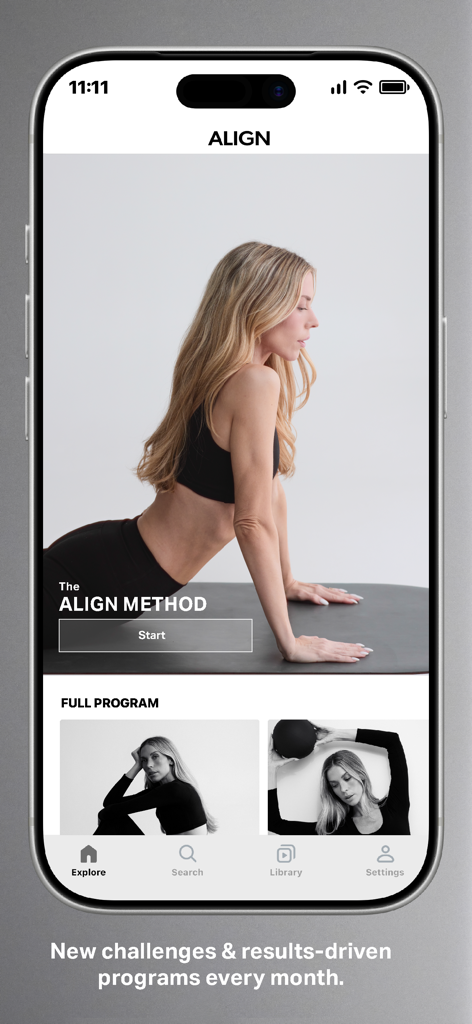 Align Pilates by Bailey Brown - The Align Pilates app explore screen showing various workout programs and monthly challenges