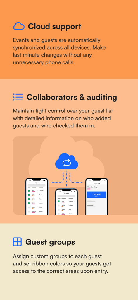Guestlist: Guest List App - Un resumen de las funciones de la aplicación Guestlist que incluye sincronización en la nube para múltiples dispositivos, auditoría de colaboradores y gestión de grupos de invitados con codificación por colores.
