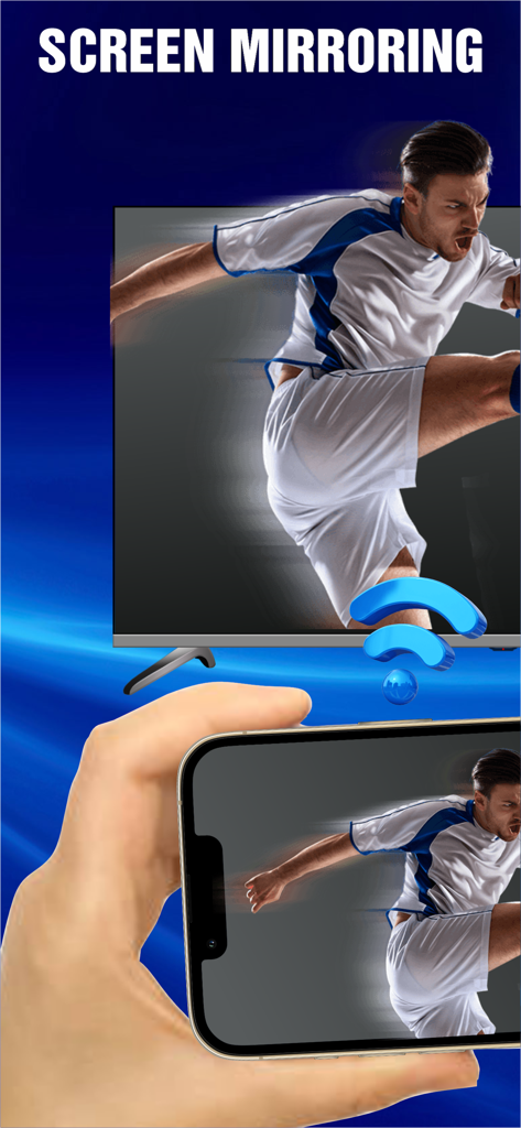 Una mano sosteniendo un iPhone reflejando un partido de fútbol en un Smart TV.