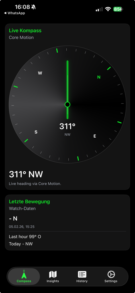 Watch Compass - A digital compass interface on an iPhone displaying a heading of 311 degrees northwest with a movement history log.