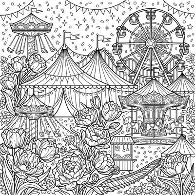 Immerse yourself in a whimsical world where vibrant double tulips meet the exhilarating fun of a carnival. This intricate coloring page offers a unique blend of natural beauty and festive excitement, perfect for artists of all skill levels.