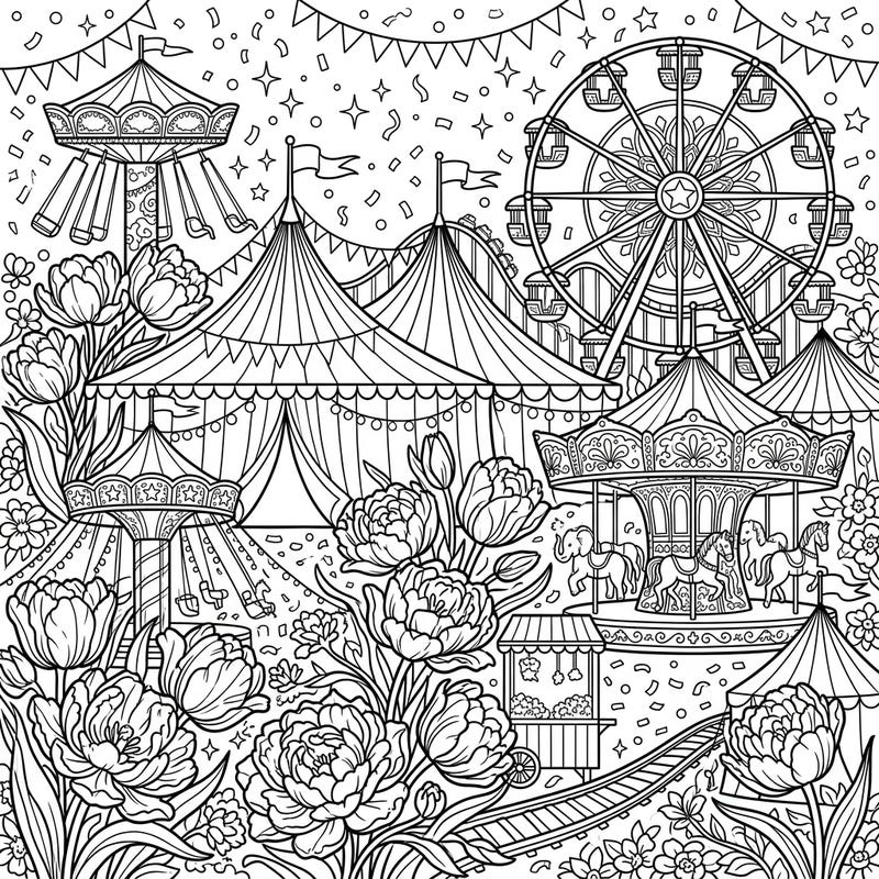 Immerse yourself in a whimsical world where vibrant double tulips meet the exhilarating fun of a carnival. This intricate coloring page offers a unique blend of natural beauty and festive excitement, perfect for artists of all skill levels.