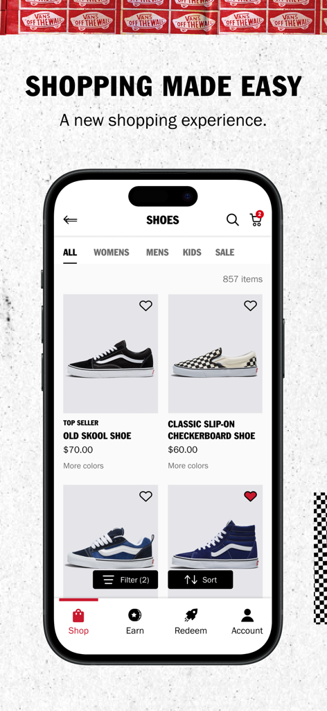 Vans Family - The Vans Family mobile app displaying various shoe styles in a clean shopping interface with categories and filter options
