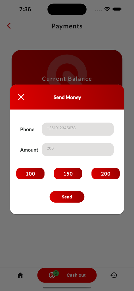 Safe ET - Safe ET mobile app screen displaying the send money transfer feature
