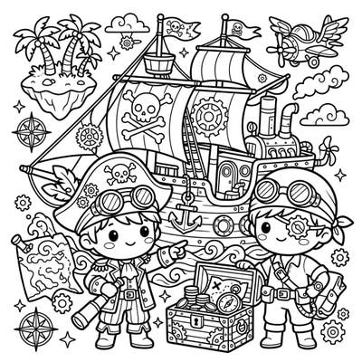Dive into a uniquely charming world where adorable Kawaii pirates meet the intricate gears and gadgets of Steampunk. This delightful coloring page features a whimsical pirate ship, treasure, and a spirited crew ready for adventure.
