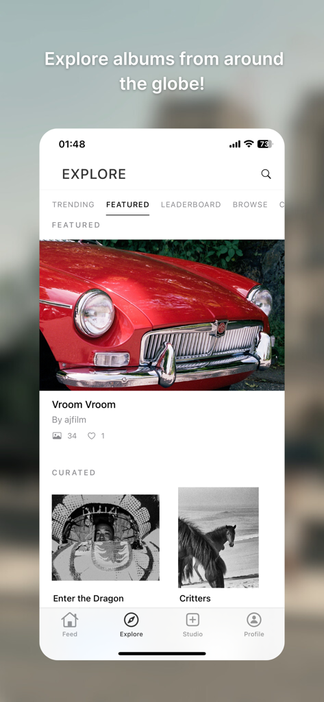 PostPic-Aesthetic Pics Editor - The explore screen of PostPic app featuring curated photography albums like Vroom Vroom and Enter the Dragon.