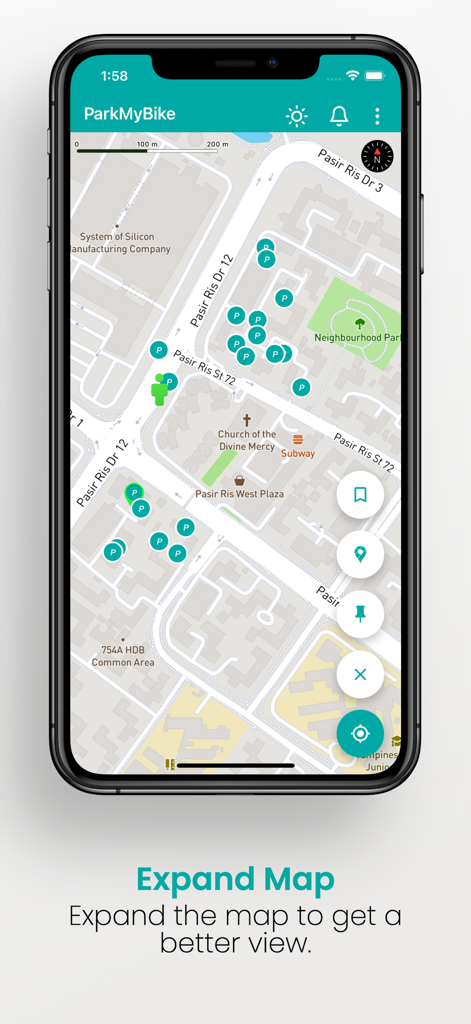 A smartphone screen displaying the ParkMyBike app with an expanded map view showing multiple bicycle parking locations in Singapore.