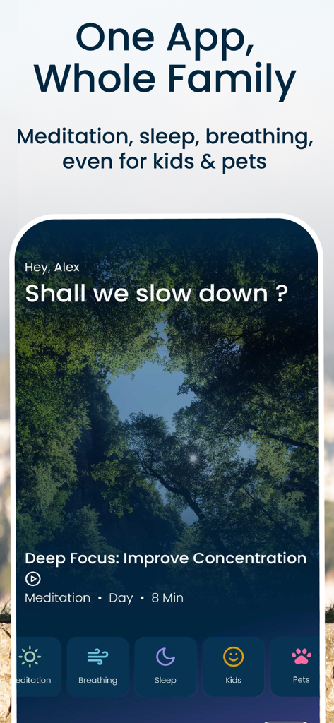 Begin: Meditation & Sleep - Interface of the Begin app showing meditation and sleep options for adults, kids, and pets