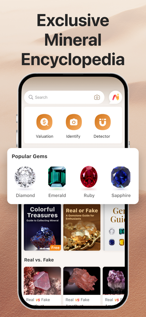 Rock Identifier: Stone ID - Interfaz de la aplicación Rock Identifier mostrando la enciclopedia de minerales y las herramientas de identificación de gemas.