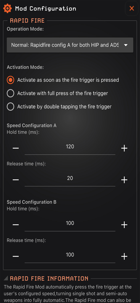 MZ Titan OS - MZ Titan OS interface for configuring rapid fire mod settings for gaming controllers