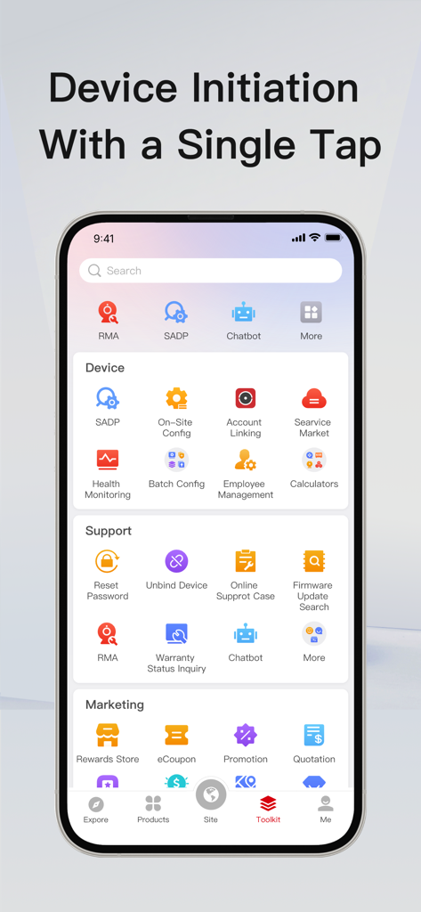 The professional toolkit interface of the Hik-Partner Pro mobile app featuring security device management and support tools.
