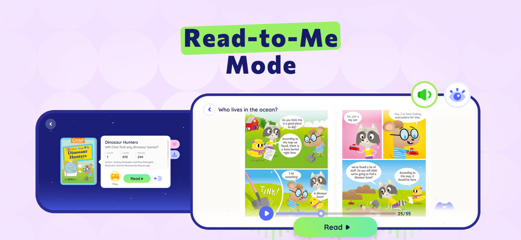 Interface of the Reading Stars app showing the Read-to-Me Mode with an illustrated comic book and narration features.