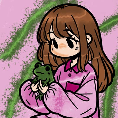 girl with long hair and a oversized shirt. and she is holding a frog