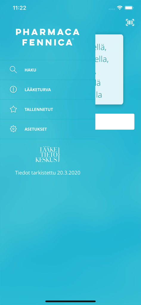 Navigation menu of the Pharmaca Fennica medical app showing search and drug safety options