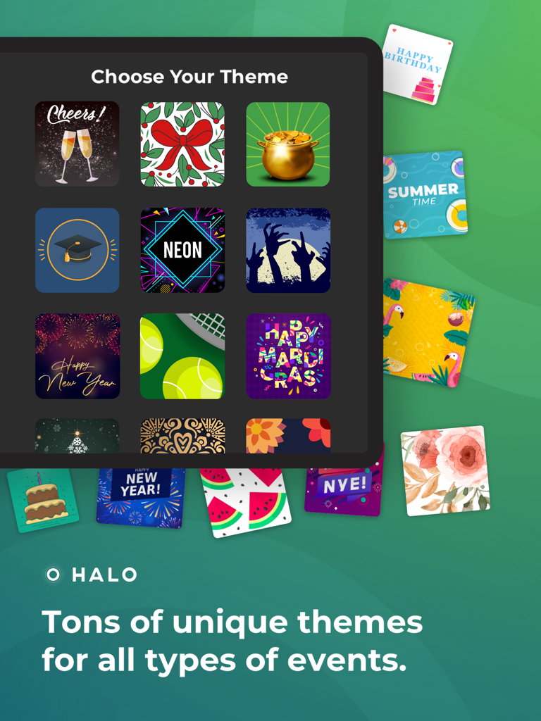A grid of various photo booth event themes in the Simple Booth HALO app