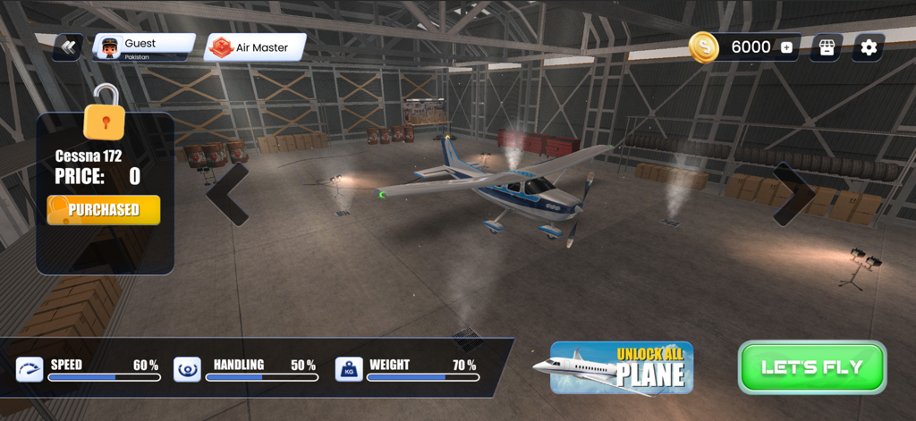 Real Flight Simulator - Cessna 172 plane in the hangar of Real Flight Simulator 3D