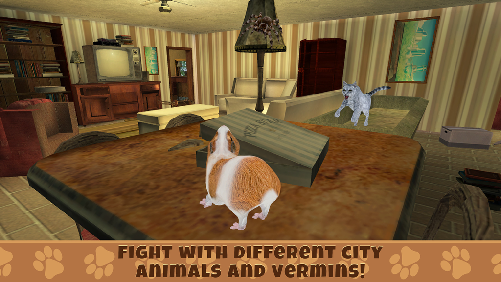 Guinea Pig Simulator Game - A guinea pig on a wooden table facing a cat and a large spider in a living room.