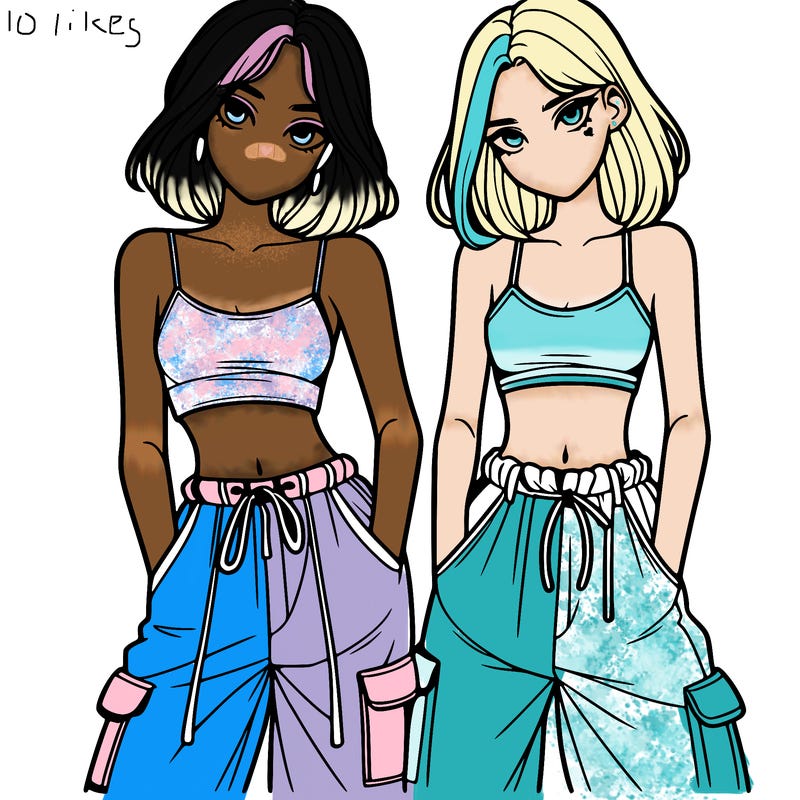 two girls with crop top with baggy pants