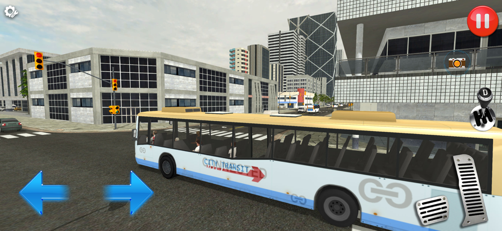 Bus Simulator - City Driving - A city transit bus driving through a modern urban environment with mobile game controls