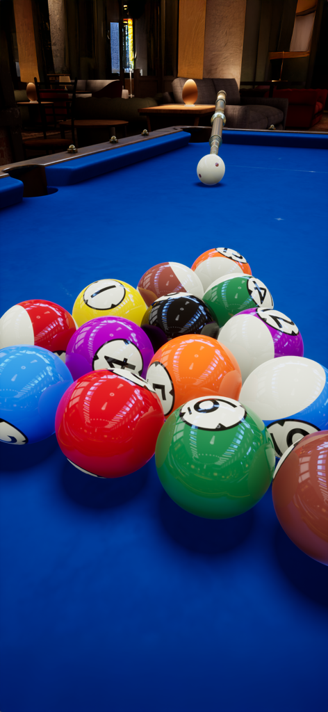 Grafica 3D di alta qualità che mostra le palle da biliardo disposte su un tavolo da biliardo blu con una stecca pronta per colpire.