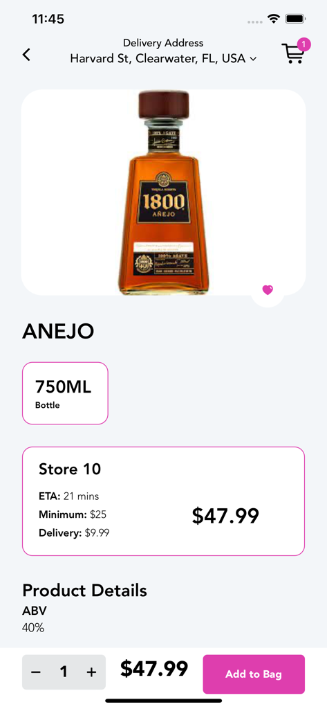 QuikLiq: Fast Alcohol Delivery - Product page for 1800 Anejo Tequila on the QuikLiq alcohol delivery app