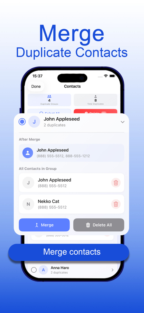 iPhone用の重複連絡先の結合機能を示すClean Space AIアプリのインターフェイスのスクリーンショット