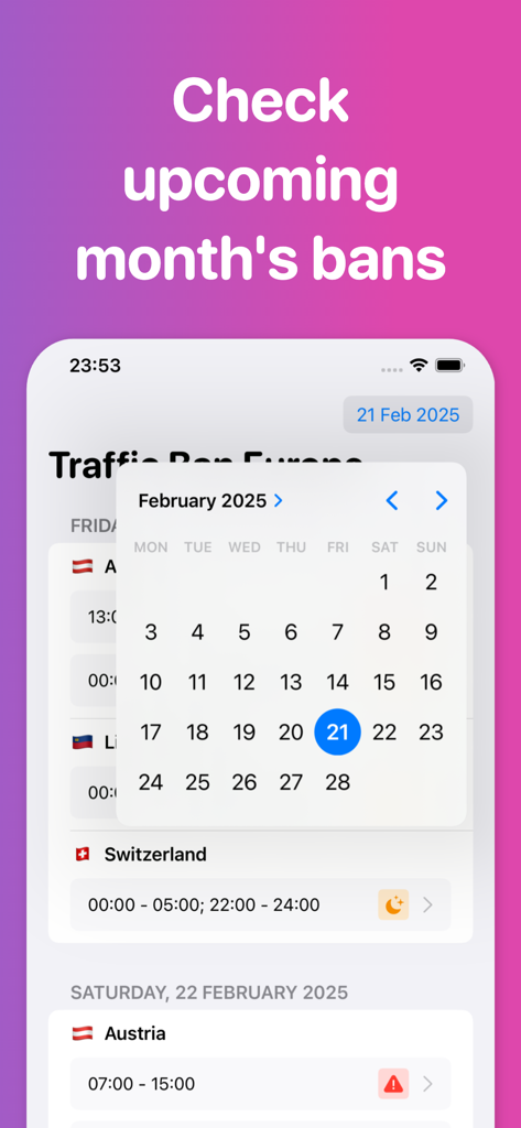 Screenshot of the Traffic Bans Europe app showing a monthly calendar to check upcoming truck driving restrictions