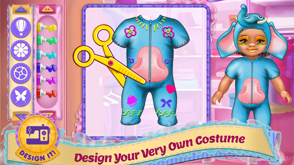 Design It! - Baby Fashion Designer: Dress Up , Make Up and Outfit Maker & Tailor - Interface de um jogo infantil para desenhar uma fantasia personalizada de elefante azul para bebê com adesivos e tinta