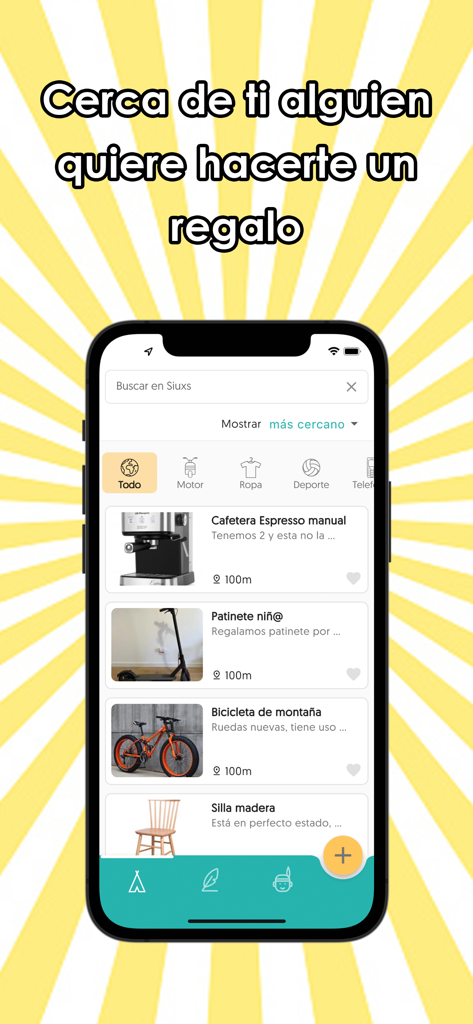 Siuxs - Tela do celular do aplicativo Siuxs mostrando um feed de itens de presente gratuitos, incluindo uma máquina de café e uma bicicleta de montanha listadas por distância