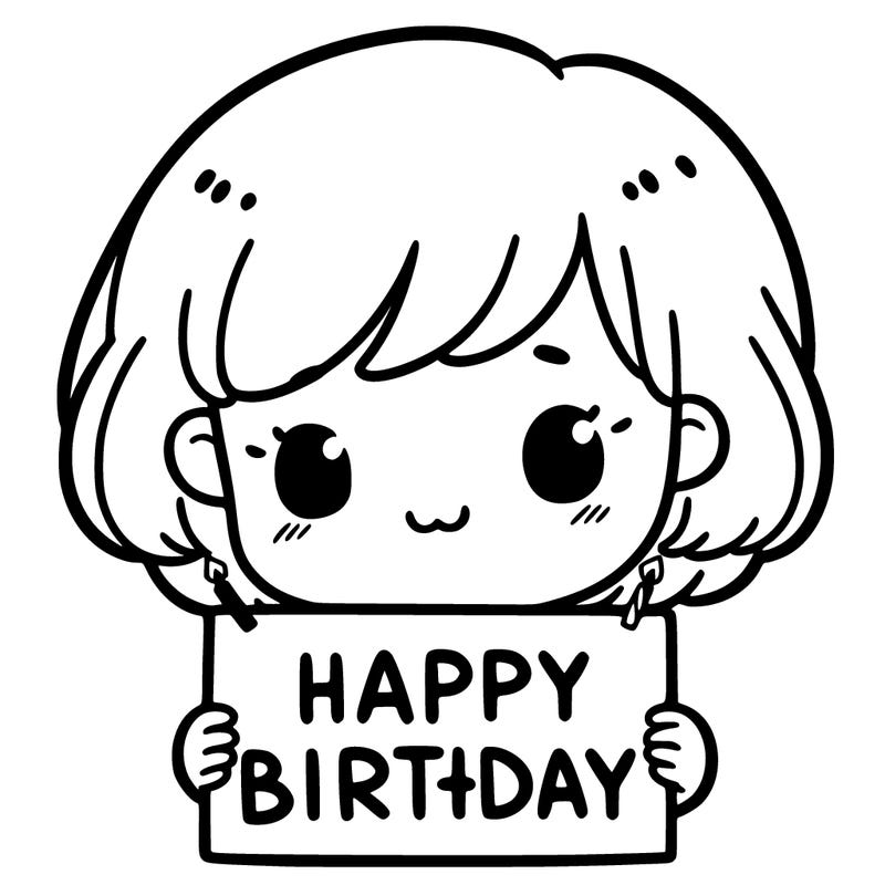 little girl with short hair holding a happy birthday sign