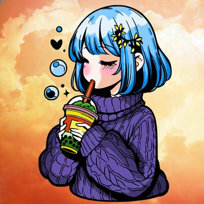 manga girl drinking boba in cozy sweater