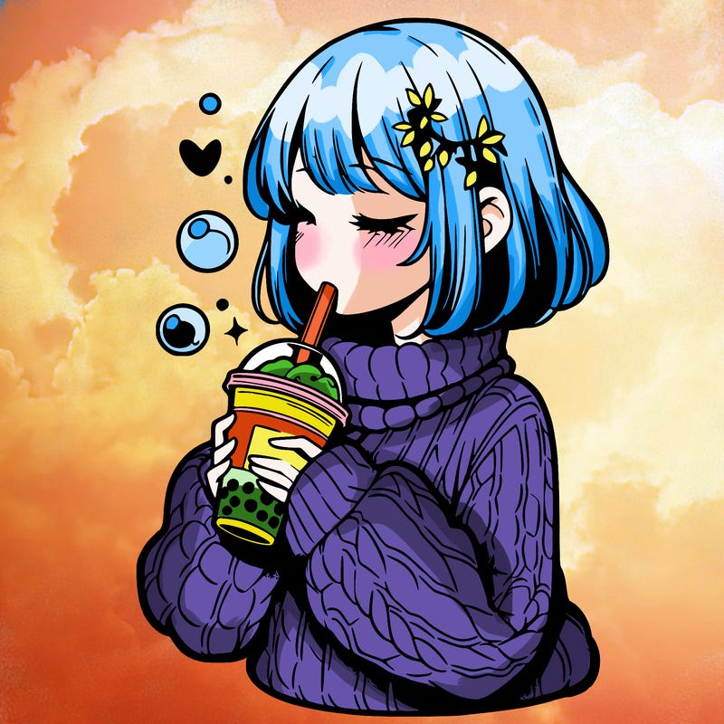 manga girl drinking boba in cozy sweater