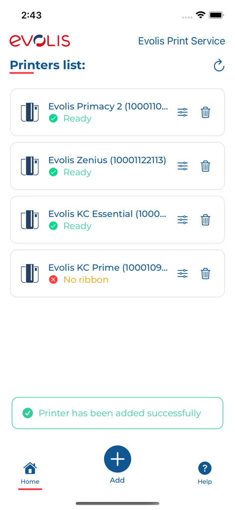 Evolis Print Service - 管理対象Evolisカードプリンターとそのリアルタイム接続ステータスを示すダッシュボード