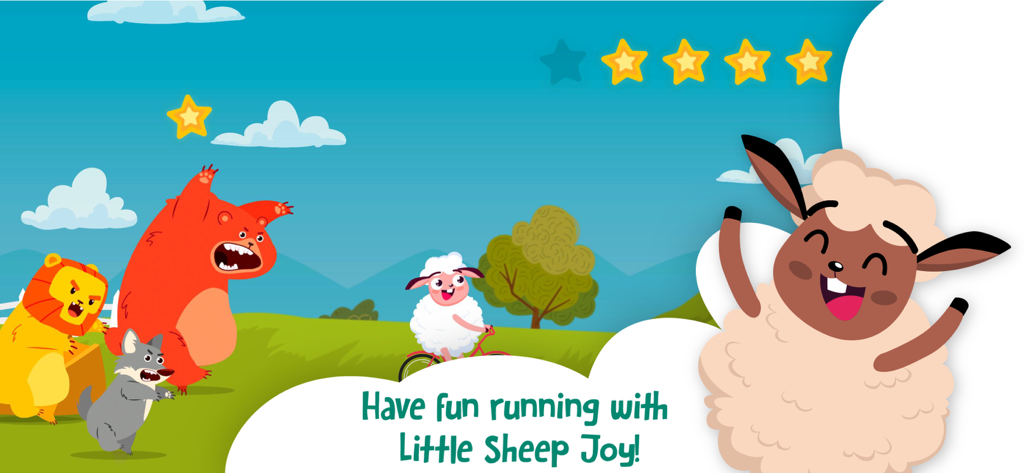 The Little Sheep Joy - Little Sheep Joy character waving with a lion and bear in a colorful meadow