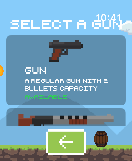 Pixel art weapon selection screen in the Naughty Duck game showing a handgun with two bullets capacity.