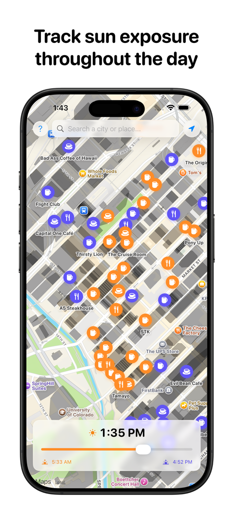 SunnyPints - Interface of SunnyPints app displaying a map with sunny and shaded venue pins and a time slider.