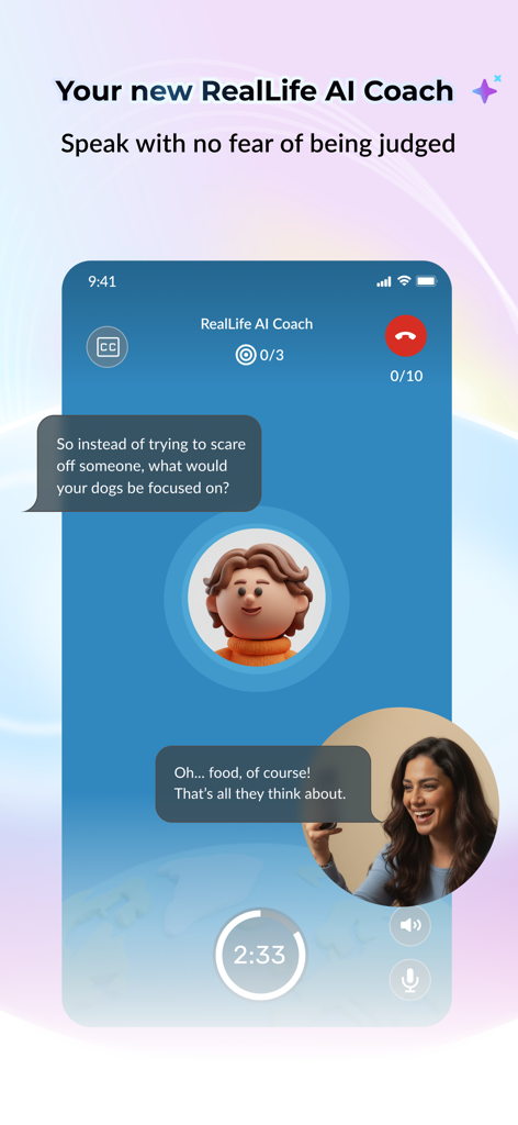RealLife: Speak, Learn English - Une capture d'écran de l'application RealLife affichant la fonctionnalité AI Coach où un utilisateur pratique la conversation en anglais avec un avatar 3D.