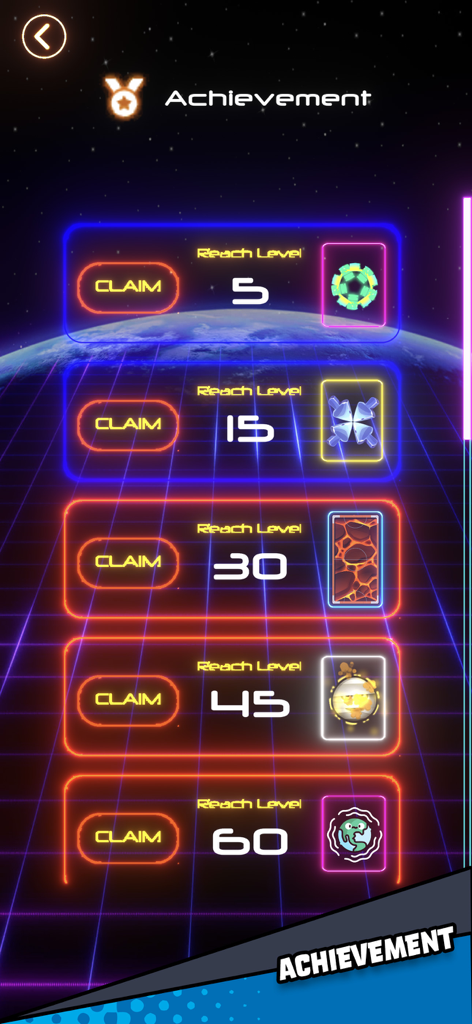 Air Hockey Glow HD Arcade 2D - Air Hockey Glow HD game achievement screen showing level milestones and claimable rewards