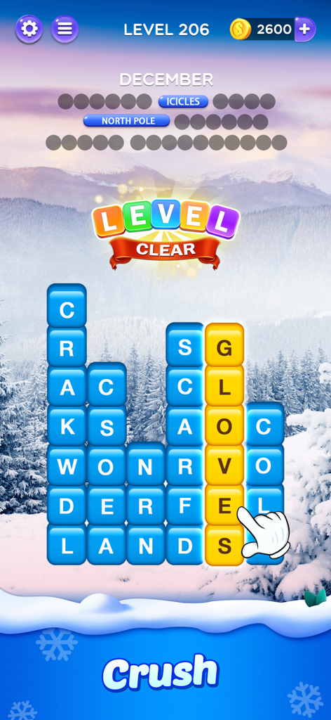 Word Crush® - Fun Puzzle Game - Word Crush puzzle game level clear screen with winter theme and snowy mountain background