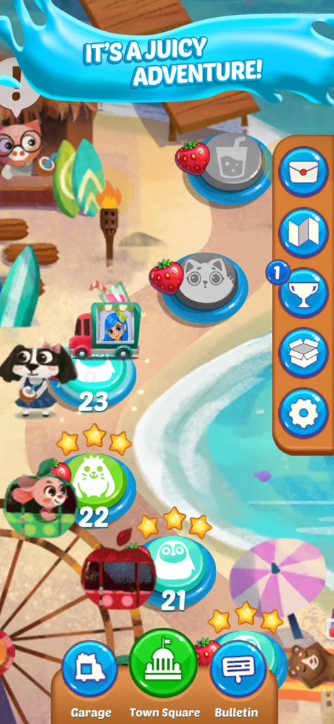 Juice Jam! Match 3 Puzzle Game - Juice Jam game map screen featuring a tropical beach and level progression